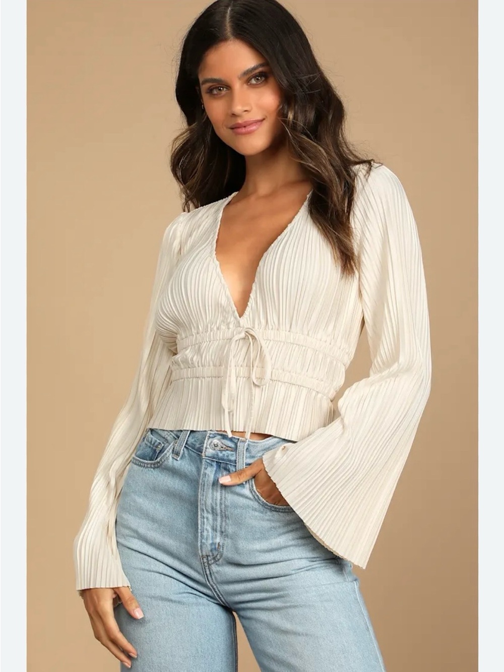 Lulu's Cream Pleated V-Neck Bell-Sleeve Top